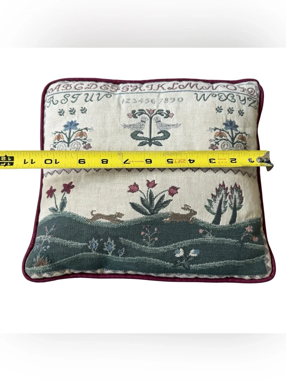 Vintage Folk Art Sampler Tapestry Pillow Cottagecore Grandmillennial Bunny Decor